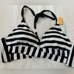 S Kona Sol small (4-6)  striped swim suit top NWT pool beach classic black white